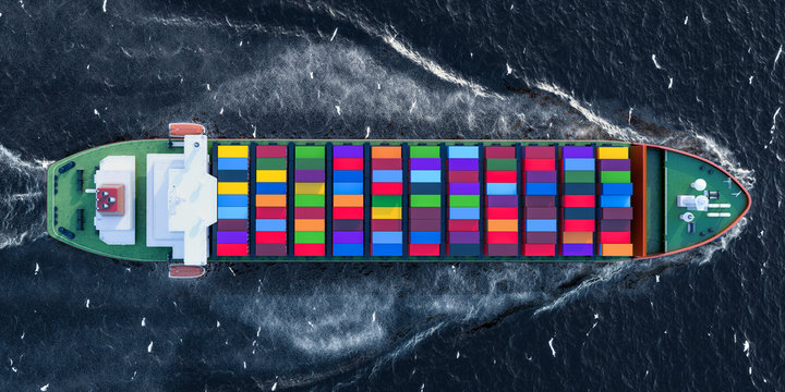Freighter ship with cargo containers sailing in ocean, top view. 3D rendering