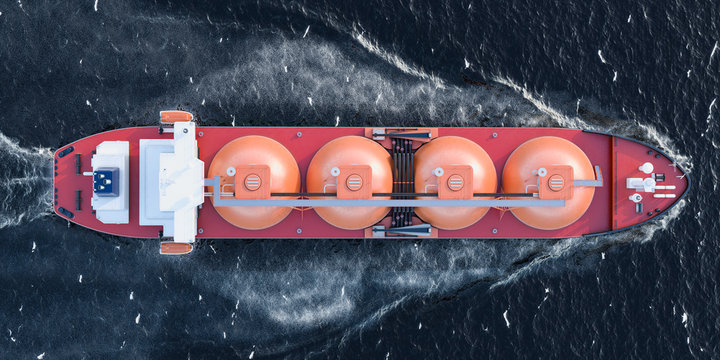 Gas tanker sailing in ocean, top view. 3D rendering