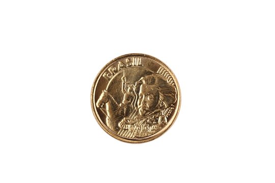 A super macro image of a 10 centavo Brazilian coin isolated on a white background
