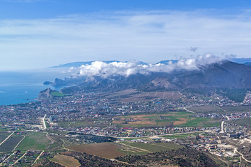 The tops of the mountains are covered with clouds. Crimea.