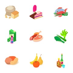 Foodstuff icons set. Isometric set of 9 foodstuff vector icons for web isolated on white background