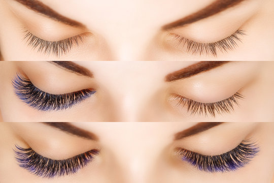 Eyelash Extension. Comparison of female eyes before and after. Blue ombre lashes.