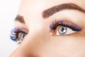 Eyelash Extension Procedure. Woman Eye with Long Blue Eyelashes. Ombre effect. Close up, selective focus. - 218696881