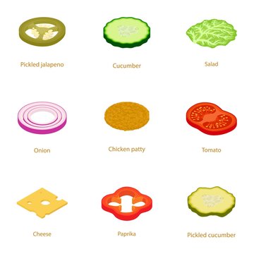 Food ingredient icons set. Isometric set of 9 food ingredient vector icons for web isolated on white background