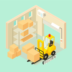 Yellow forklift in warehouse concept background. Isometric illustration of yellow forklift in warehouse vector concept background for web design