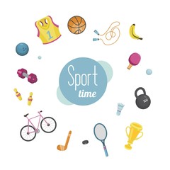 Sport time. Colorful set with sports equipment. Badminton, hockey, Cycling, tennis, bowling, basketball. Vector illustration.