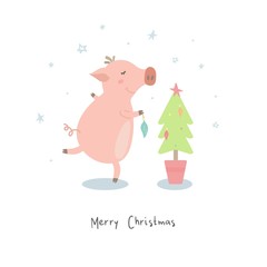 Merry Christmas. Postcard with cute piggy. 2019.