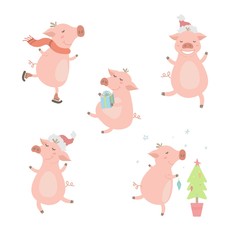 Set of cute pigs. 2019. Pigs with different characters. Vector illustration.