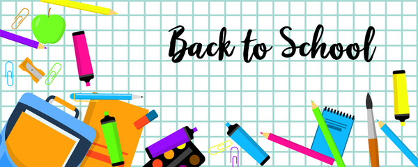 Back to school banner horizontal. Flat illustration of vector back to school banner horizontal for web design