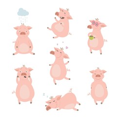 Obraz premium Set of cute pigs. Pigs with different characters. Vector illustration.