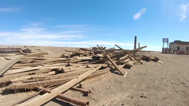 Abandoned Humberstone and Santa Laura saltpeter works factory, near Iquique, northern Chile, South America. Walking outside streets.