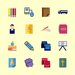 school vector icons set. notebook, books, pencil and school bus in this set