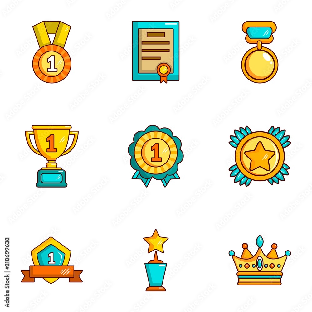 Poster offering of prize icons set. cartoon set of 9 offering of prize vector icons for web isolated on whi