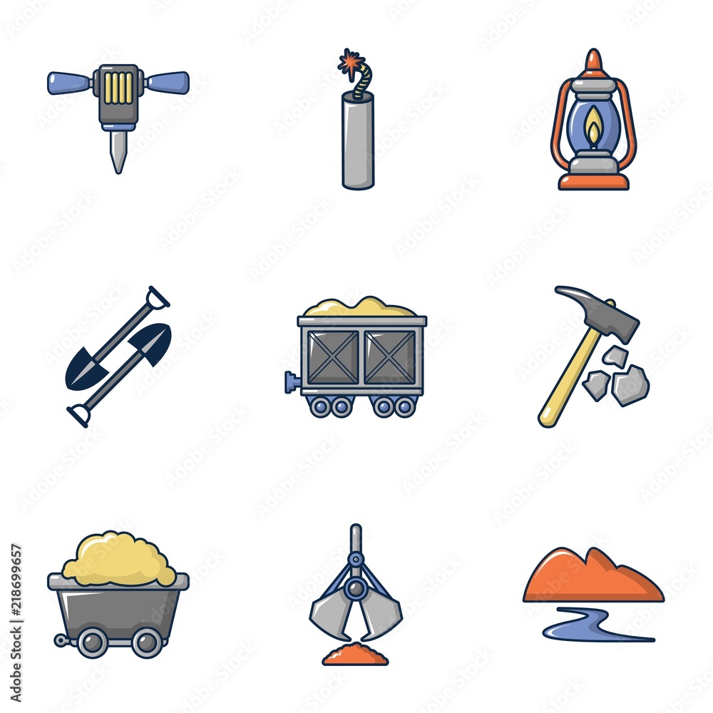 Poster ore mining icons set. cartoon set of 9 ore mining vector icons for web isolated on white background