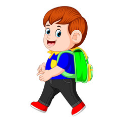 a schoolboy with backpacks walking with smile