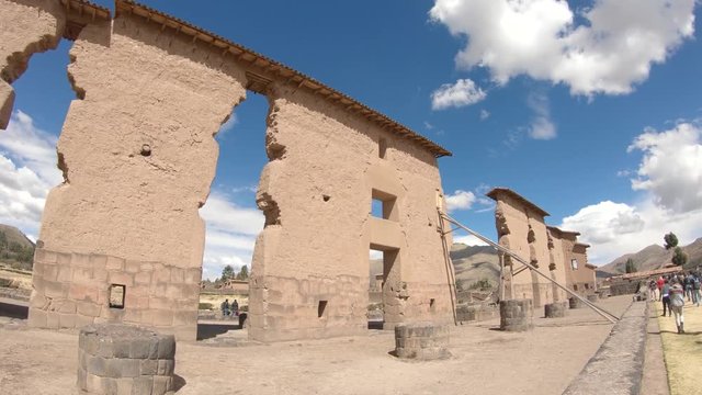 Inca culture Temple of Wiracocha ruins. Puno Cusco Peru. Smooth walking beside historical ruins.