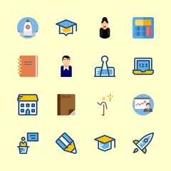 education vector icons set. book, paperclip, student boy and invention in this set