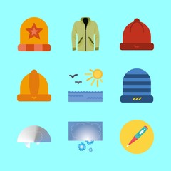 weather vector icons set. sun, rainy weather, snow and winter hat in this set