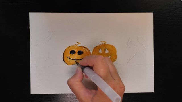 Drawing promotional halloween art picture with different colours of inks, timelapse, sales season
