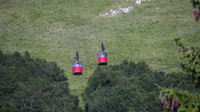 Red cable cars moving up and down on mountain side, summer day light