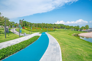 Fototapeta na wymiar Shenzhen Talent Park Blue Runway and Floor Tiles