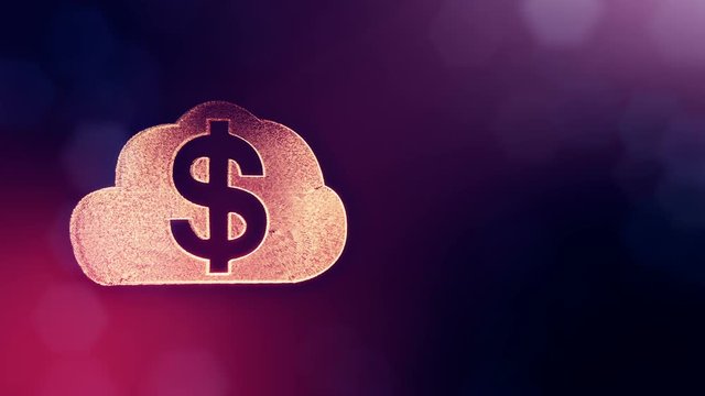 dollar sign in emblem of cloud. Finance background of luminous particles. 3D loop animation with depth of field, bokeh and copy space for your text. Violet v3