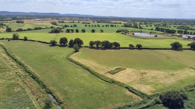 Aerial view, upwards move. Drone panorama of plains and ponds among fields