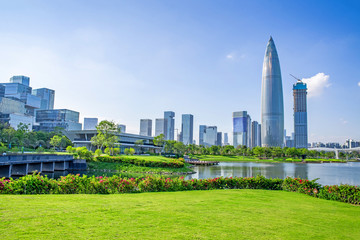 Obraz premium Nanshan District, Houhai CBD under blue sky and white clouds