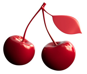 Two cherries with a branch and a leaf