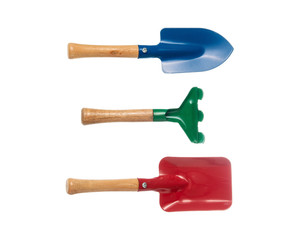 Top view of gardening tools isolated on white background.