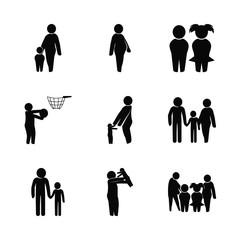 child vector icons set. boy and girl child, throw to catch, hug to the mother and child playing basketball in this set