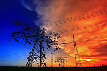 Pylon, high-voltage tower sky background.