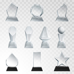 Glass trophies plaque engraved crystal award realistic vector illustration on transparent background