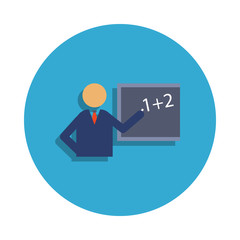 teacher at the blackboard colored in blue badge icon. Element of school icon for mobile concept and web apps. Detailed teacher at the blackboard icon can be used for web