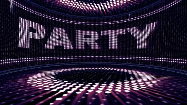 PARTY Text in Monitor and Disco Room Animation, Rendering, Loop, 4k
