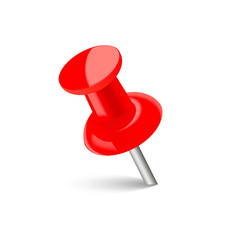 Realistic red push pin with soft shadow. Vector.