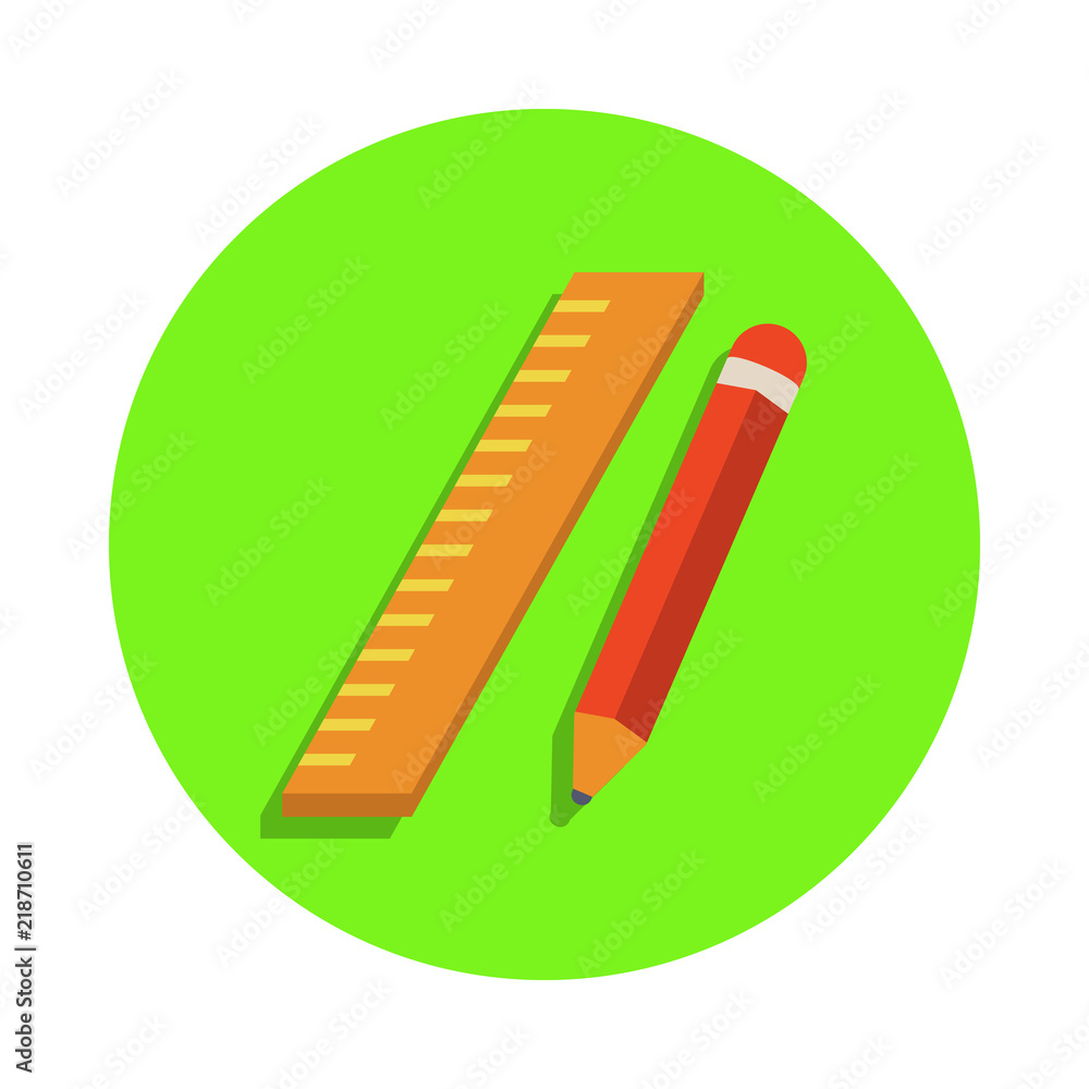 Poster colored ruler and pencil in green badge icon. element of science and laboratory for mobile concept a