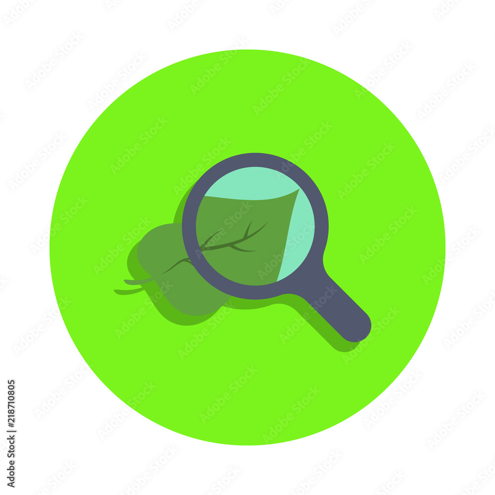 Poster colored look at leaf in magnifying glass in green badge icon. element of science and laboratory for 