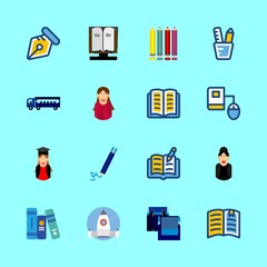 school vector icons set. books, school bag for boys, pen and open book in this set
