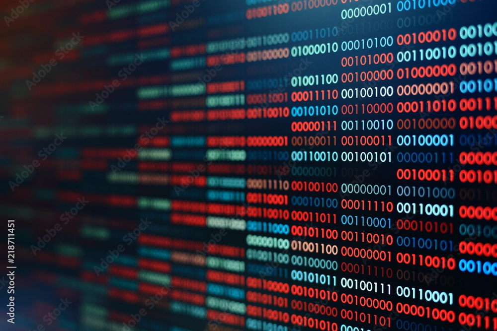 Poster Computer virus infection. Row of binary codes randomly colored red and blue on black screen monitor background. Corrupted computer data bad sector hard disk visualization.