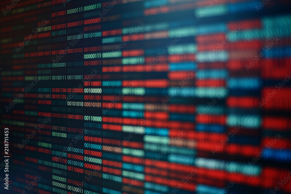 Poster Computer virus infection. Row of binary codes randomly colored red and blue on black screen monitor background. Corrupted computer data bad sector hard disk visualization.
