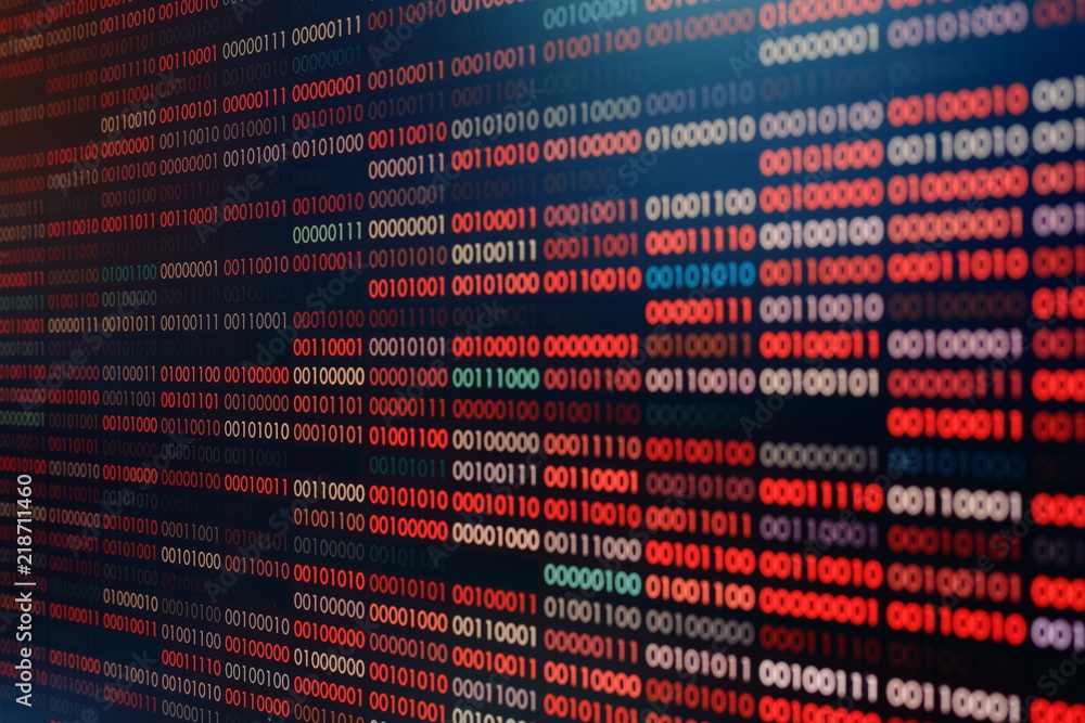 Poster Computer virus infection. Row of binary codes randomly colored red and blue on black screen monitor background. Corrupted computer data bad sector hard disk visualization.