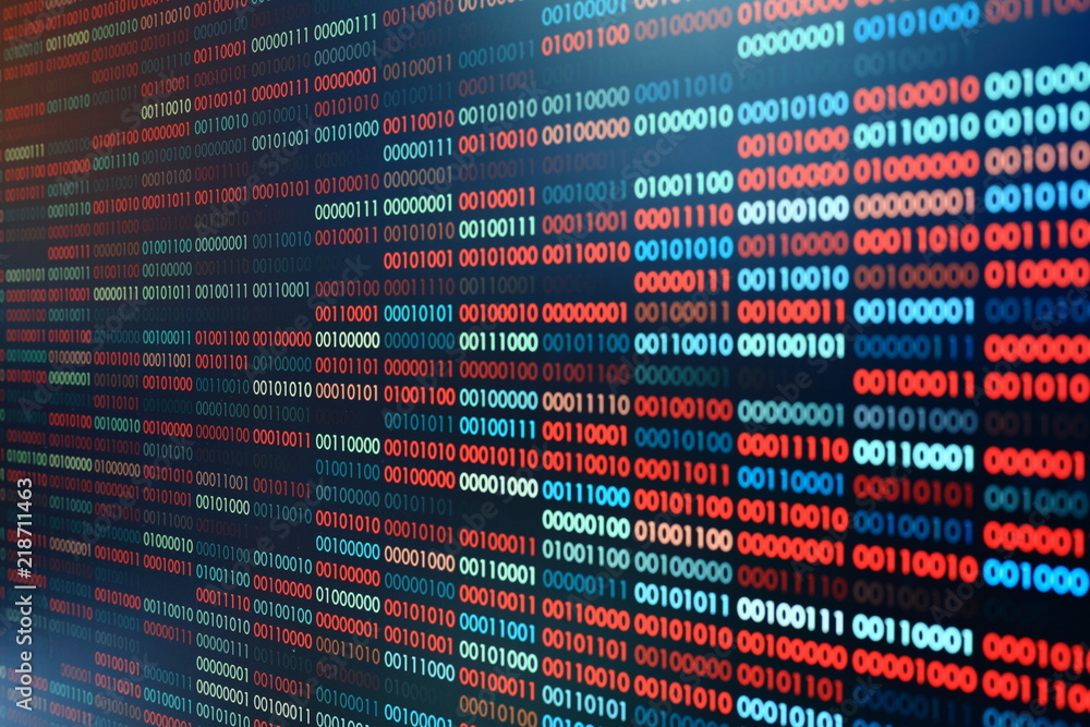 Poster Computer virus infection. Row of binary codes randomly colored red and blue on black screen monitor background. Corrupted computer data bad sector hard disk visualization.
