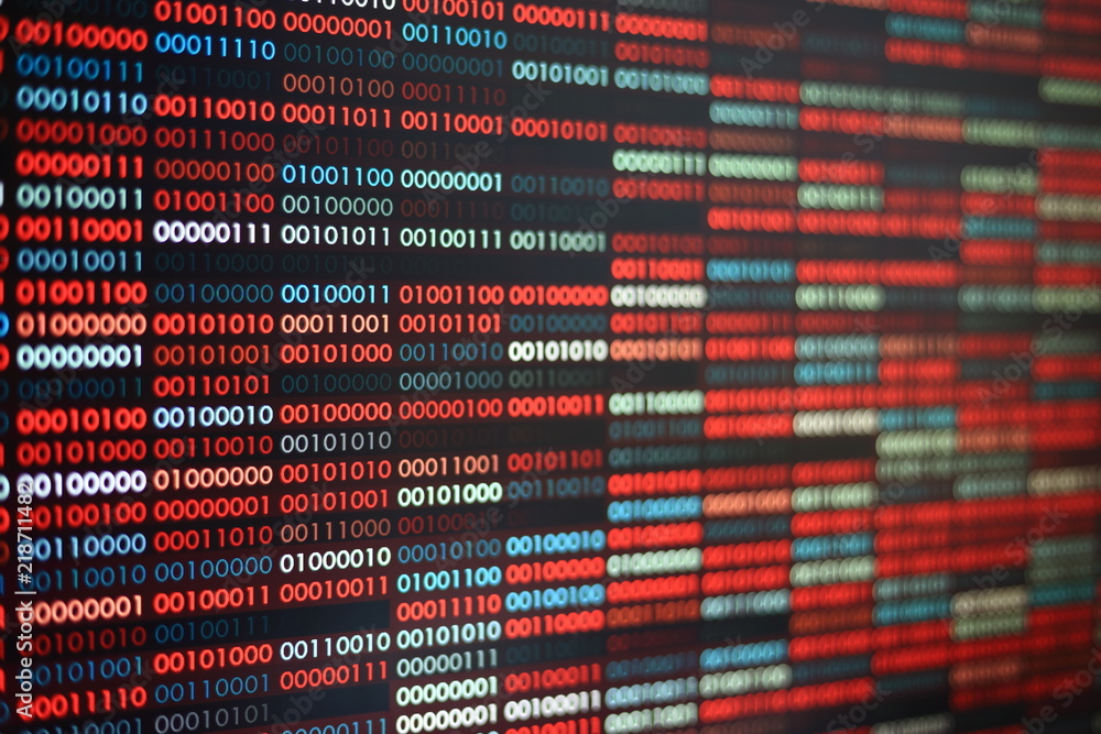 Poster Computer virus infection. Row of binary codes randomly colored red and blue on black screen monitor background. Corrupted computer data bad sector hard disk visualization.
