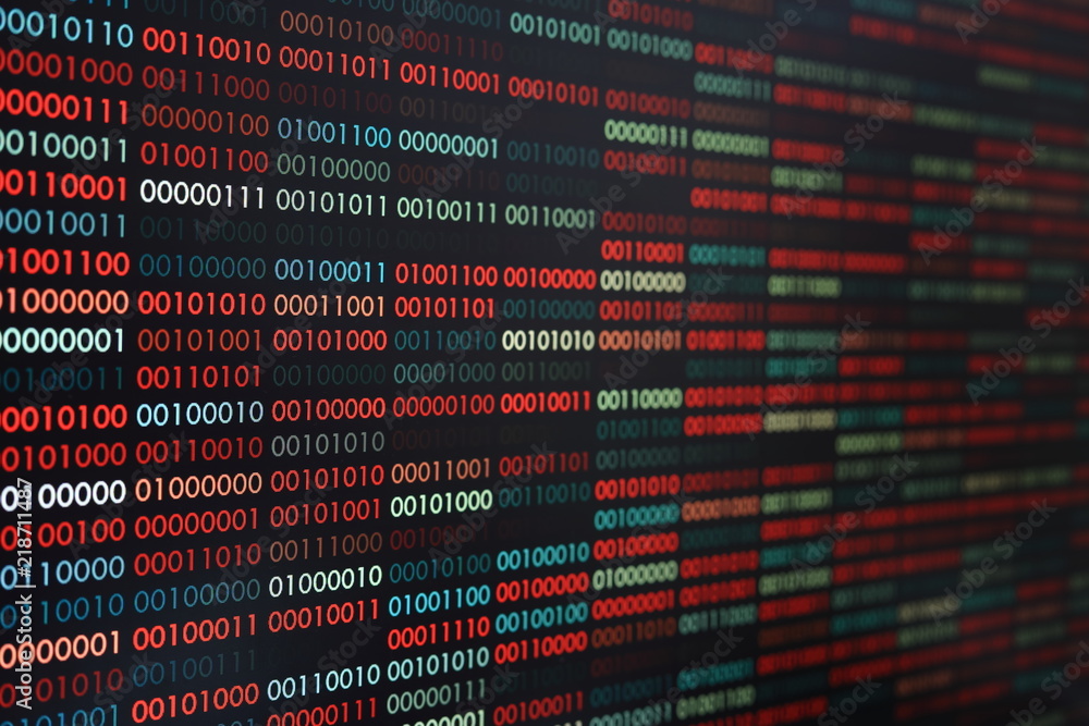 Poster Computer virus infection. Row of binary codes randomly colored red and blue on black screen monitor background. Corrupted computer data bad sector hard disk visualization.