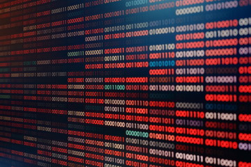 Computer virus infection. Row of binary codes randomly colored red and blue on black screen monitor...