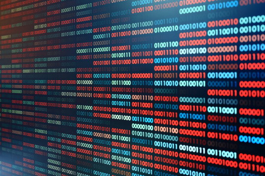 Computer virus infection. Row of binary codes randomly colored red and blue on black screen monitor background. Corrupted computer data bad sector hard disk visualization.