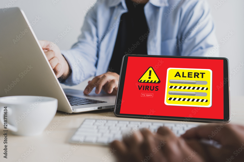 Poster hacker protection concept man working on laptop virus detected alert digital browsing firewall