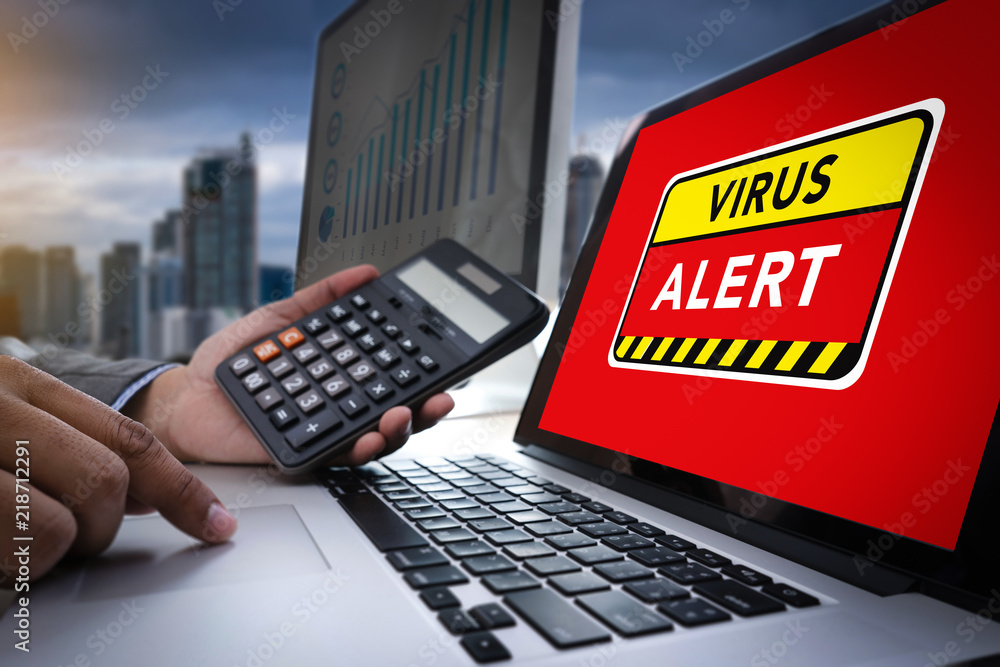 Poster hacker protection concept man working on laptop virus detected alert digital browsing firewall