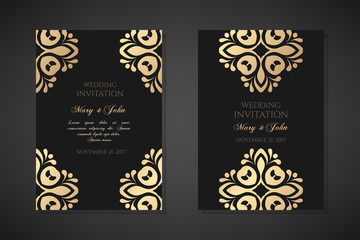 Fototapeta na wymiar Wedding invitation templates. Cover design with ornaments and black background. Vector decorative vertical posters with copy space.
